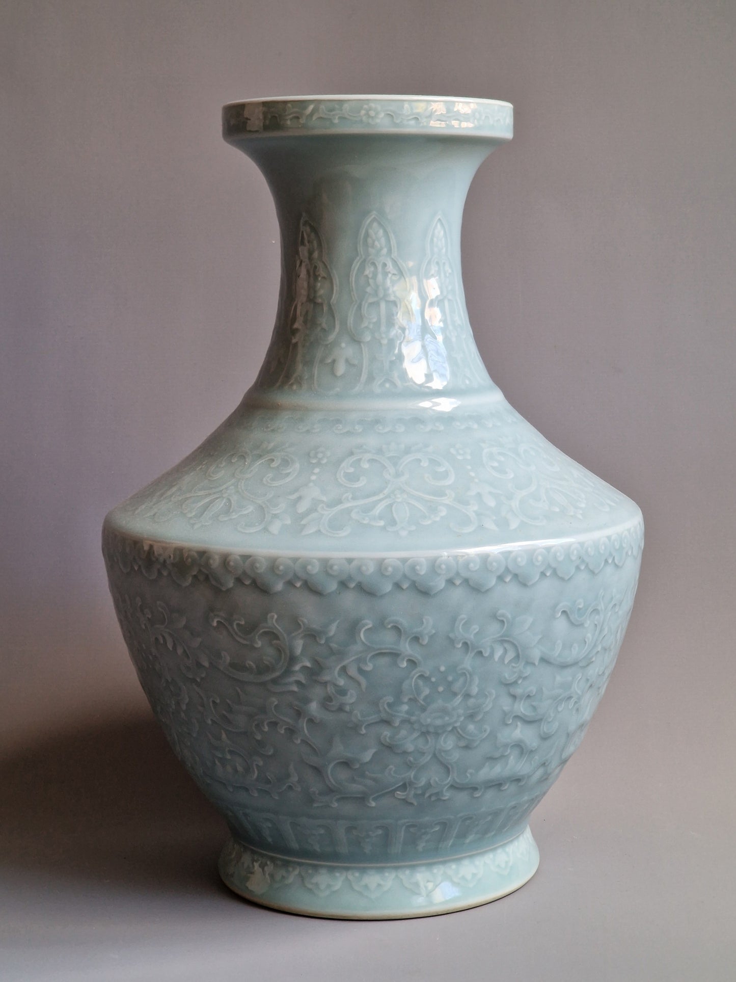 A Chinese clair-de-lune glazed porcelain “Hu”-vase, with an apocryphal Qianlong mark — 20th century