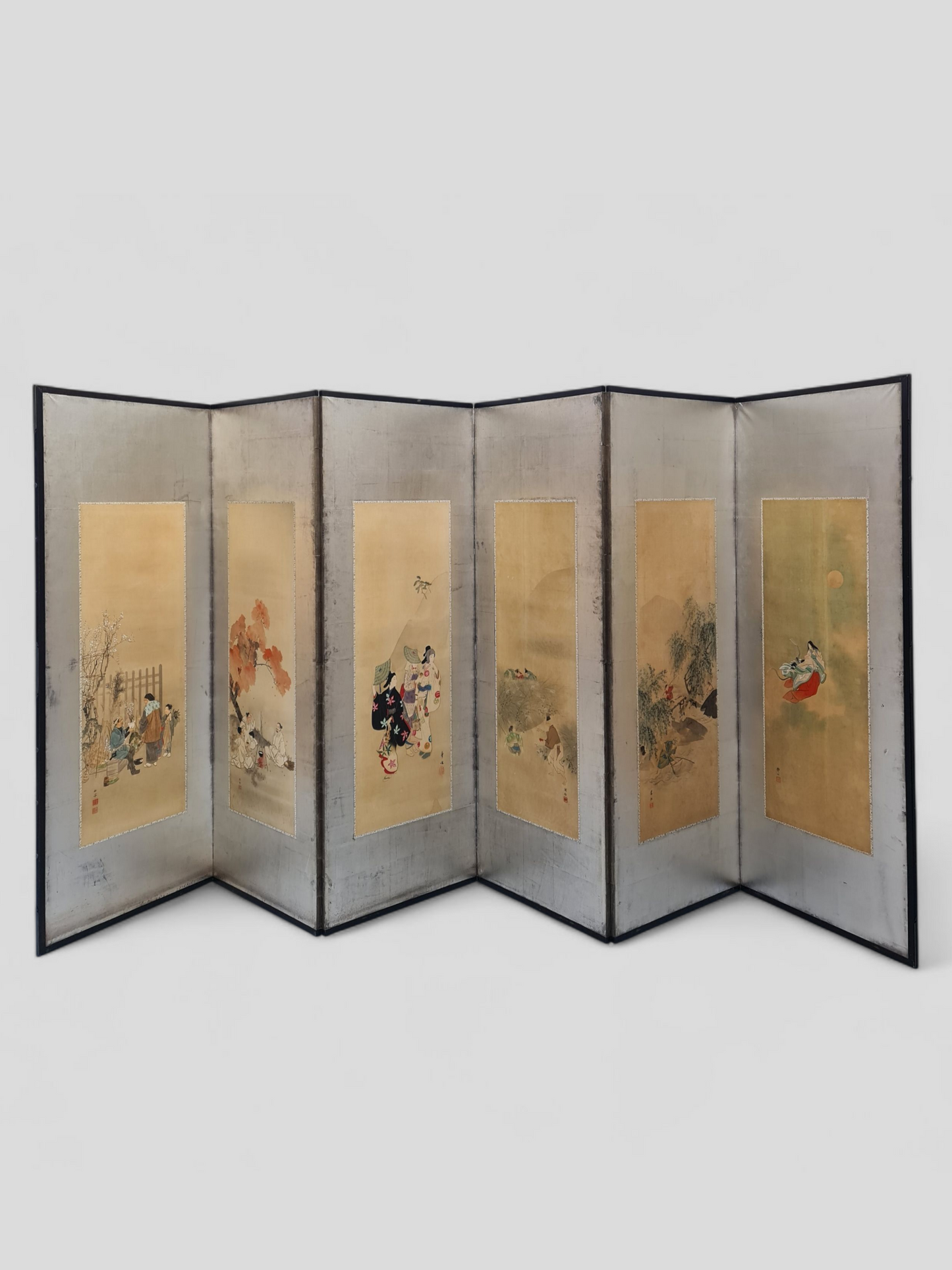 A Japanese six-panel screen with hand-painted silk scenes by six artists – Meiji/Taishō period (circa 1900–1920