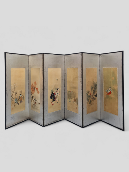 A Japanese six-panel screen with hand-painted silk scenes by six artists – Meiji/Taishō period (circa 1900–1920