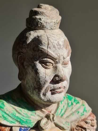 A Chinese polychrome wood temple guardian, marked “Zhōnghào Shè” (忠昊社), late 18/19th century