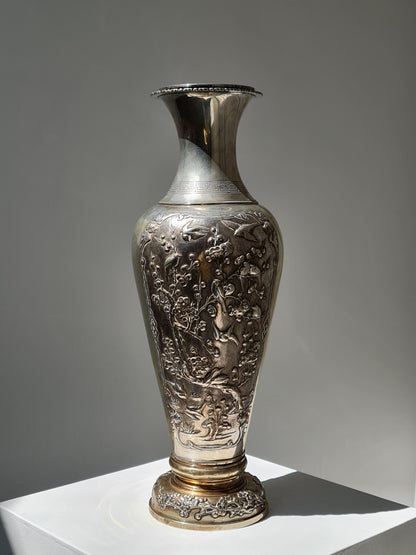 A Chinese Hongkong silver vase with birds, deer, and floral motifs — Republic period (early 20th century)