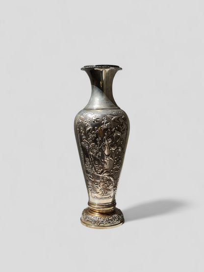 A Chinese Hongkong silver vase with birds, deer, and floral motifs — Republic period (early 20th century)