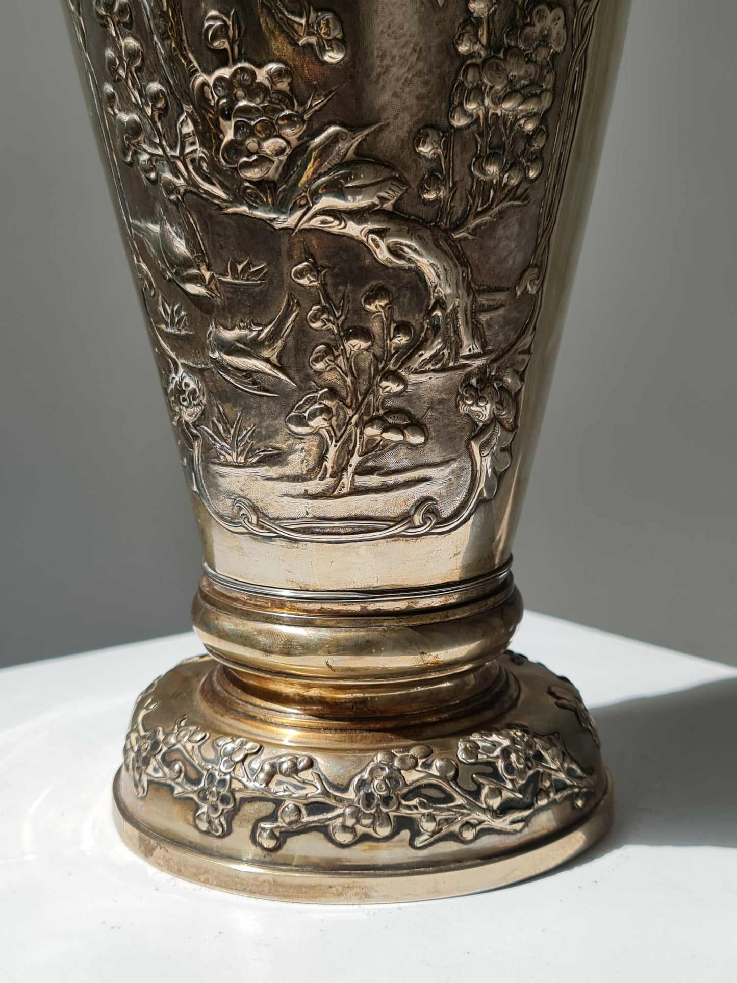 A Chinese Hongkong silver vase with birds, deer, and floral motifs — Republic period (early 20th century)