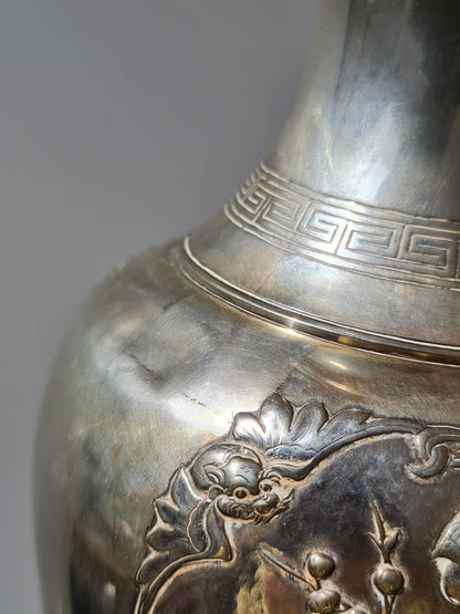 A Chinese Hongkong silver vase with birds, deer, and floral motifs — Republic period (early 20th century)