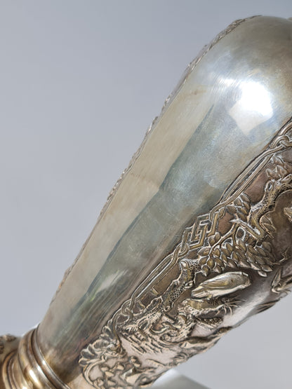 A Chinese Hongkong silver vase with birds, deer, and floral motifs — Republic period (early 20th century)