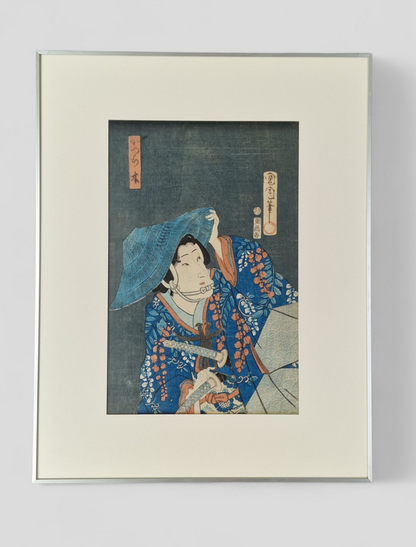 A Japanese woodblock print of a kabuki actor with blue robe and hat — Toyohara Kunichika (1835–1900), Meiji period