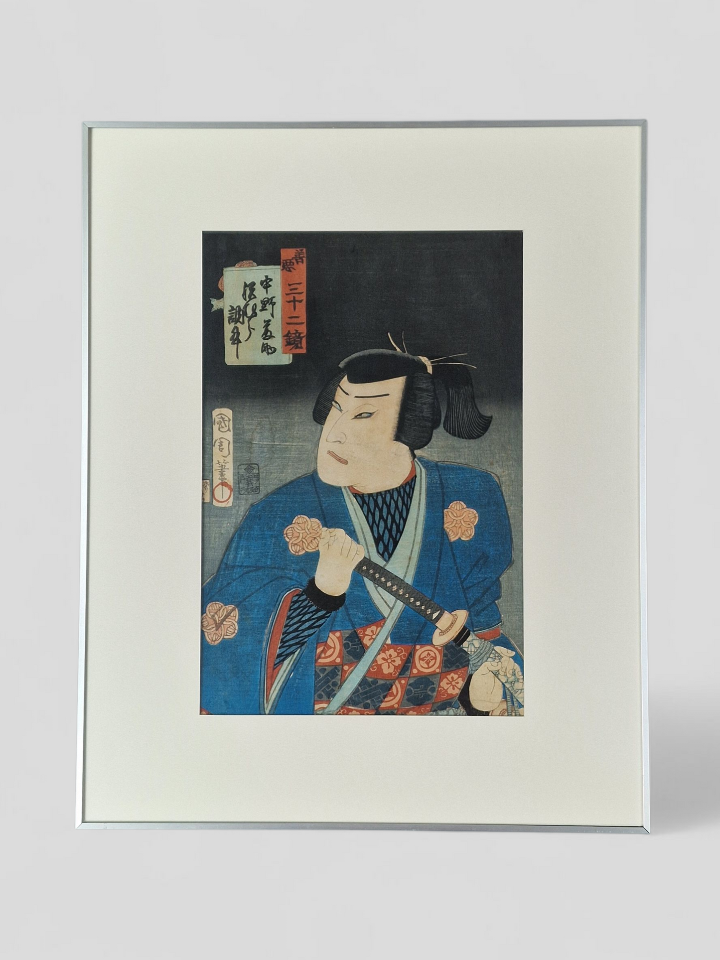 A Japanese woodblock print of a kabuki actor with sword — Toyohara Kunichika (1835–1900), Meiji period