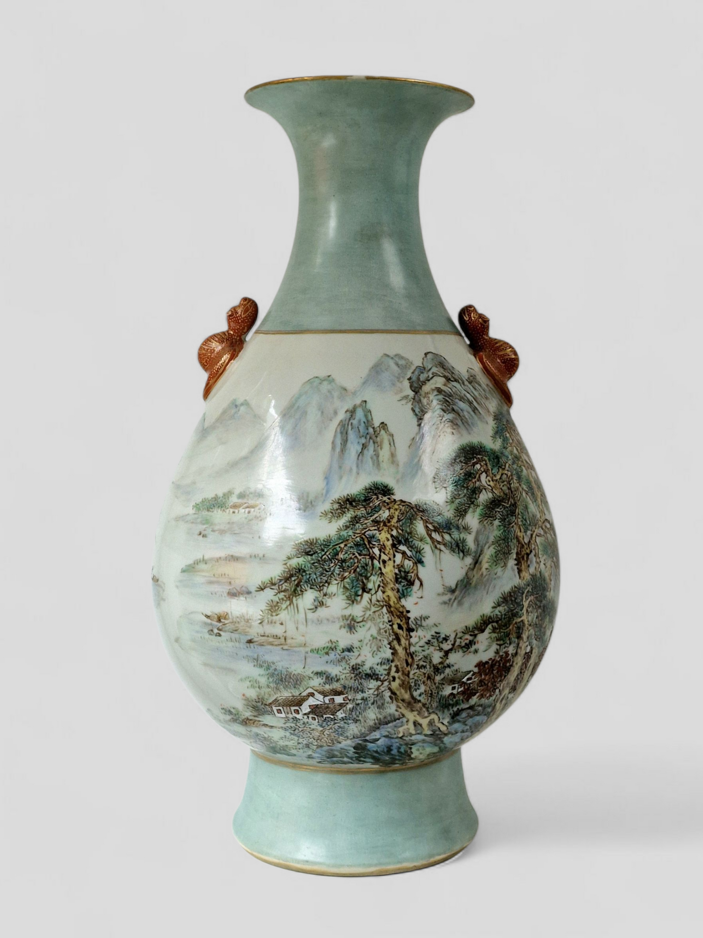 A large Chinese porcelain vase with landscape decoration and moulded bat handles — 20th century