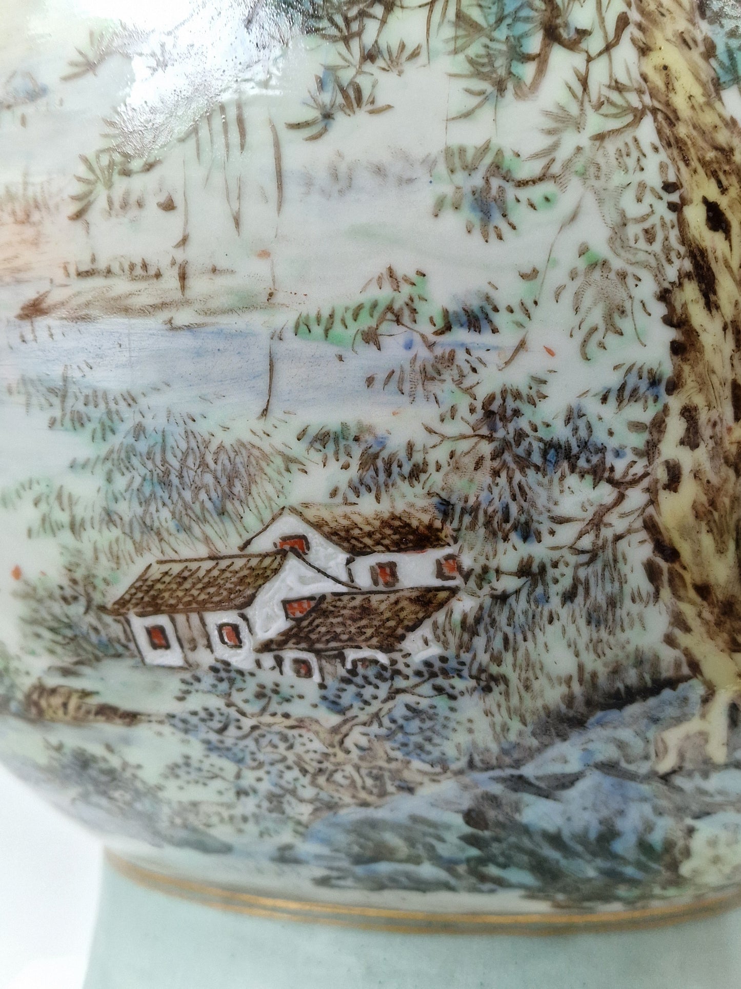 A large Chinese porcelain vase with landscape decoration and moulded bat handles — 20th century