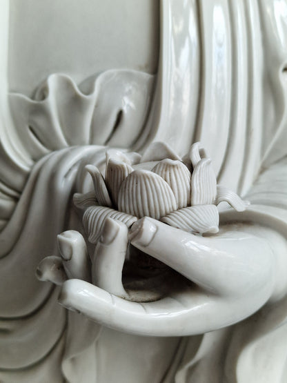 A large Dehua blanc-de-chine figure of Amitabha Buddha with apocryphal He Chaozong and Dehua marks — 19th/20th century