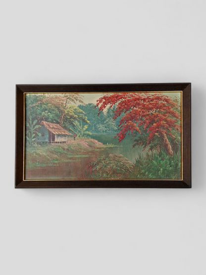 A Tropical river landscape oil painting with stilted house and a flame tree — mid-20th century