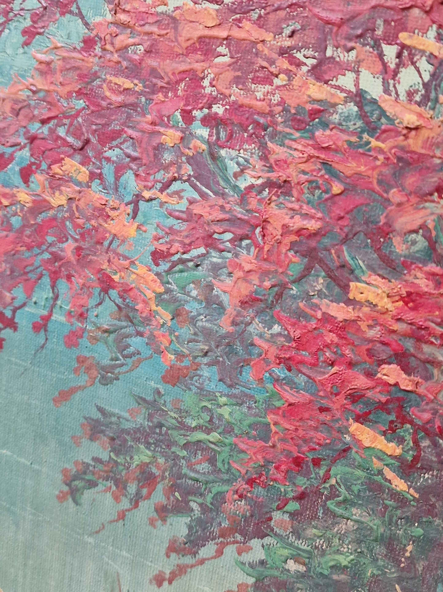 A Tropical river landscape oil painting with stilted house and a flame tree — mid-20th century