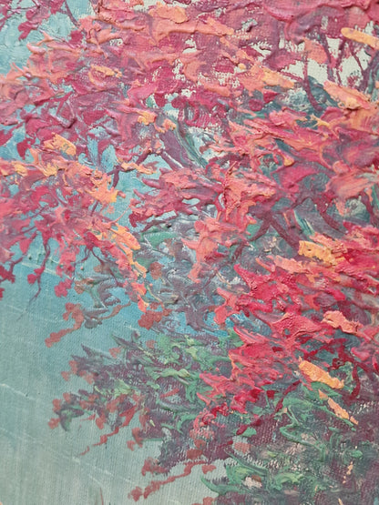 A Tropical river landscape oil painting with stilted house and a flame tree — mid-20th century