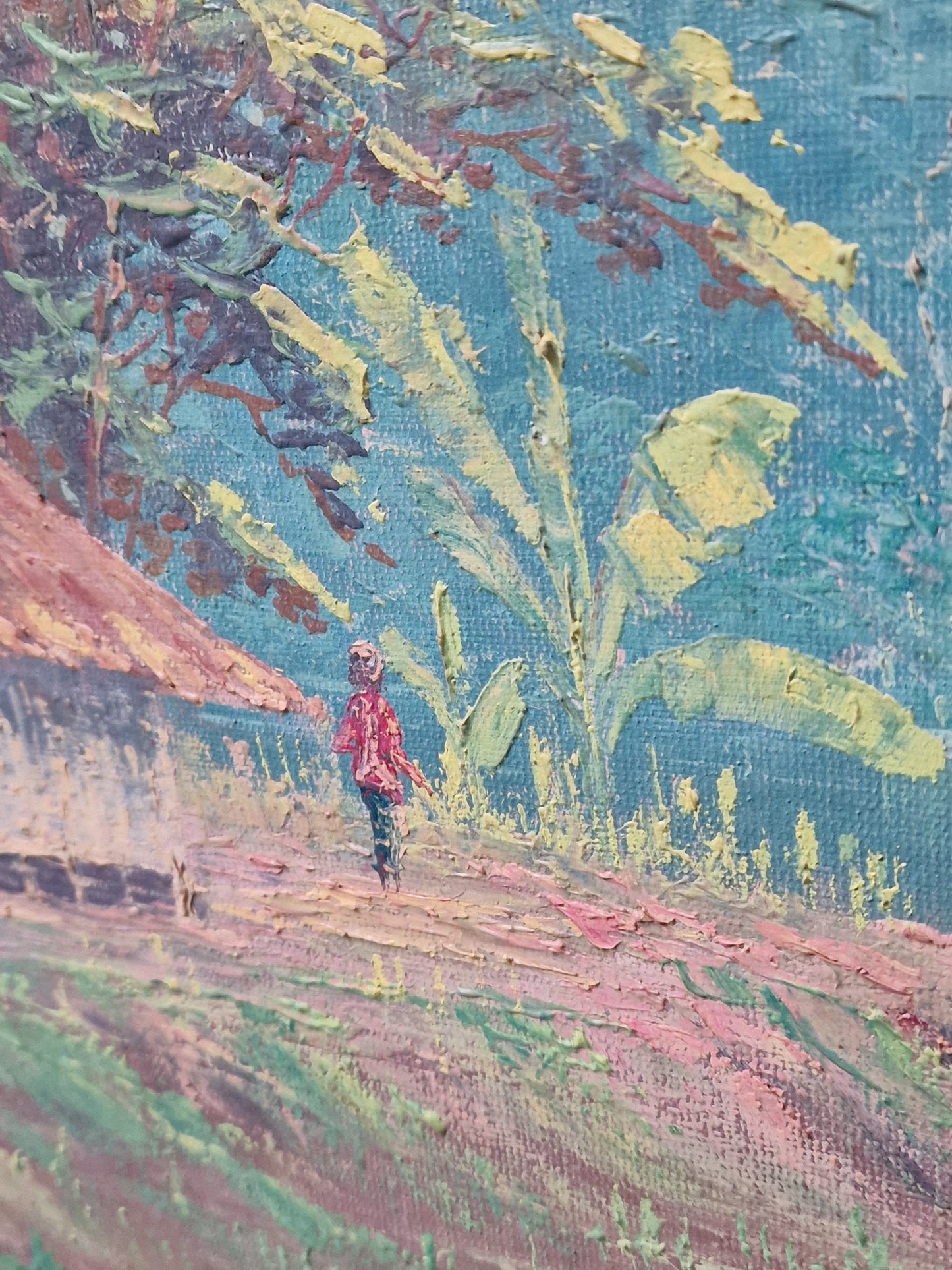 A Tropical river landscape oil painting with stilted house and a flame tree — mid-20th century