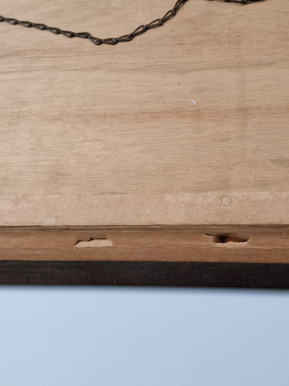 A Tropical river landscape oil painting with stilted house and a flame tree — mid-20th century