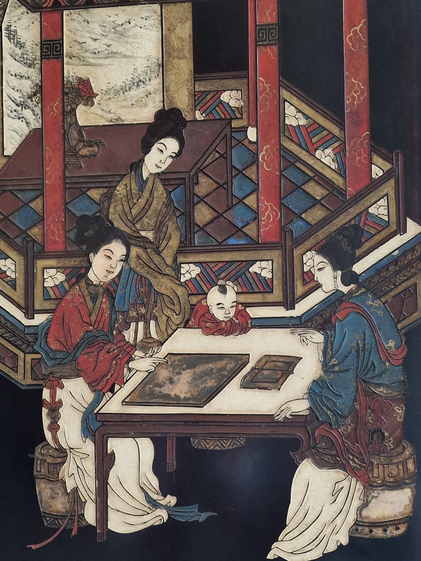 A Chinese coromandel lacquer four-panel folding screen with narrative and bird-and-flower scenes — 20th century