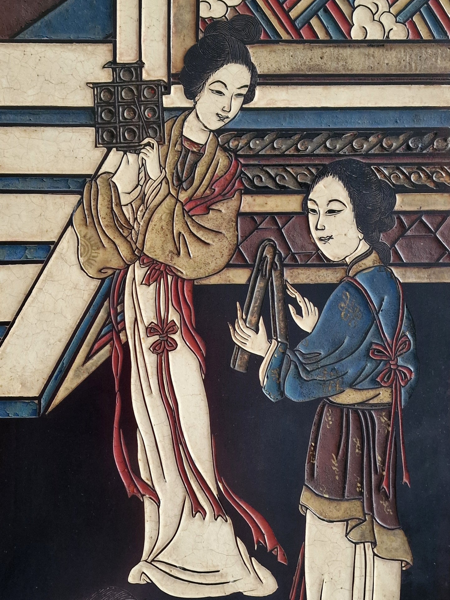 A Chinese coromandel lacquer four-panel folding screen with narrative and bird-and-flower scenes — 20th century