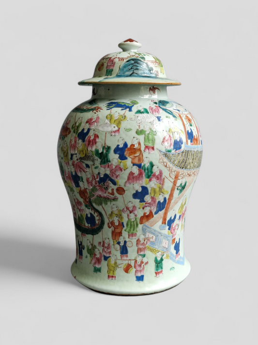 A Chinese porcelain lidded vase depicting the ‘Hundred Boys’ Dragon Festival — Tongzhi period (1862–1874)