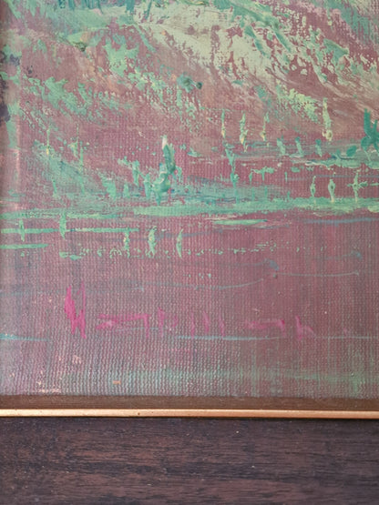 A Tropical river landscape oil painting with stilted house and a flame tree — mid-20th century