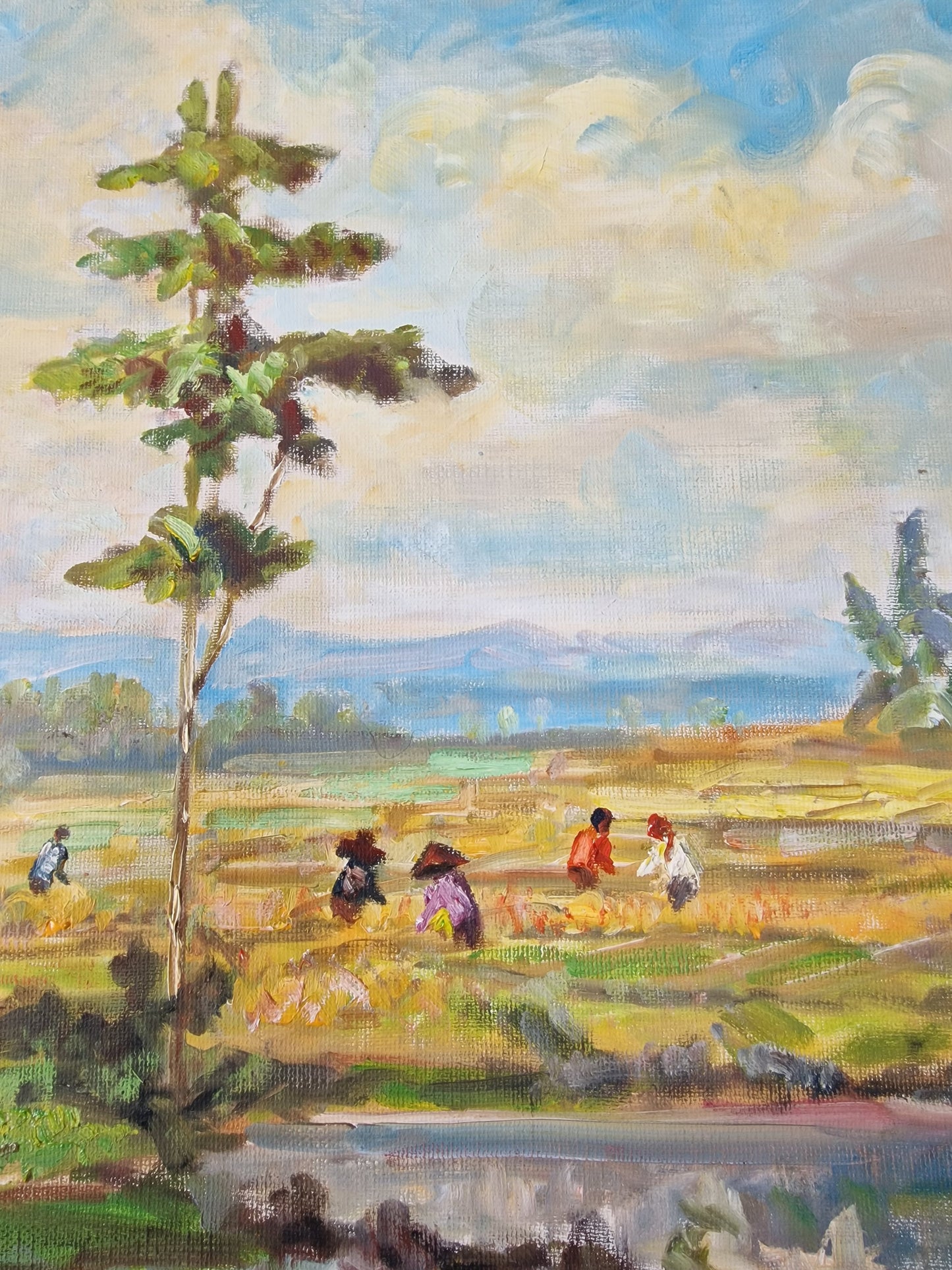 A Bogor (Indonesia) landscape with figures, oil on canvas, by S. Djuprijany — dated 1970