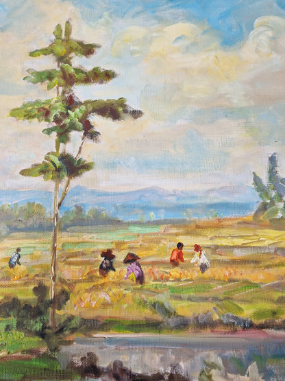 A Bogor (Indonesia) landscape with figures, oil on canvas, by S. Djuprijany — dated 1970