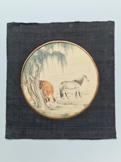 A Chinese painting of two horses beneath a willow, ink and colour on silk — 20th century