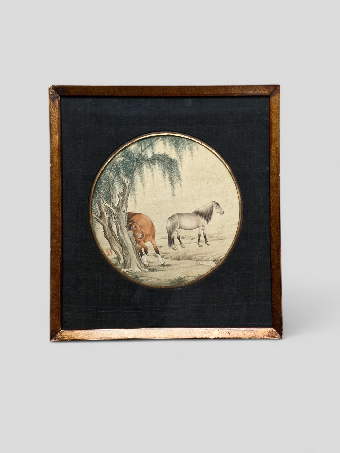 A Chinese painting of two horses beneath a willow, ink and colour on silk — 20th century