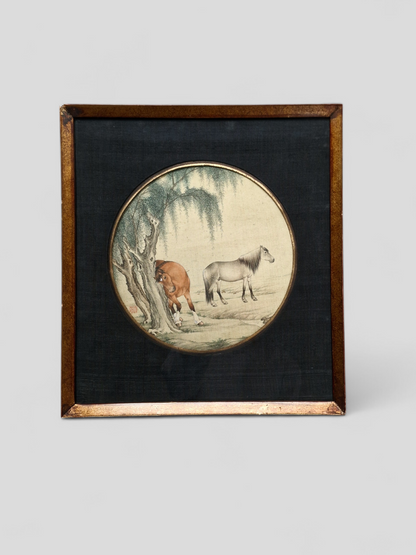 A Chinese painting of two horses beneath a willow, ink and colour on silk — 20th century
