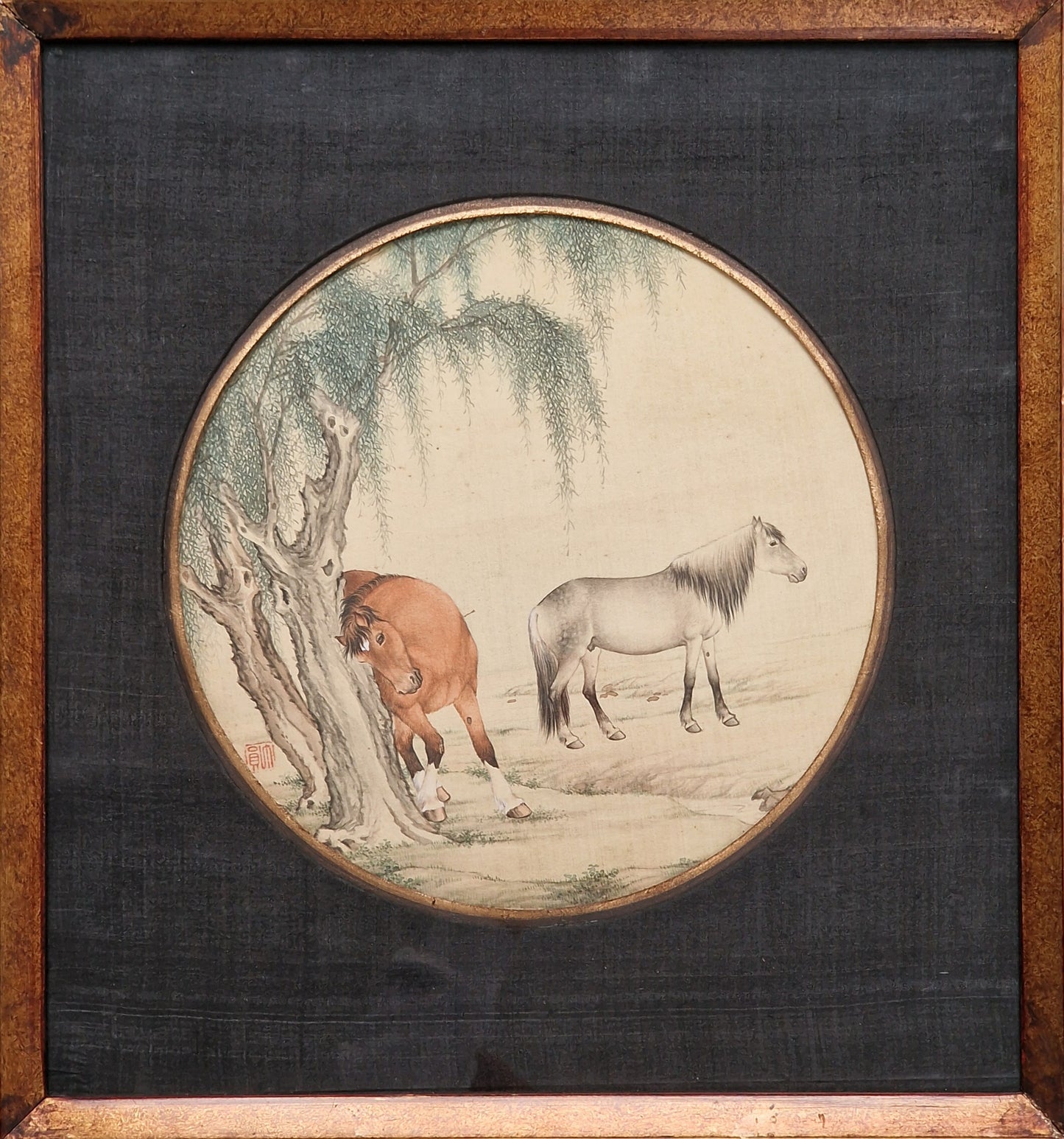 A Chinese painting of two horses beneath a willow, ink and colour on silk — 20th century