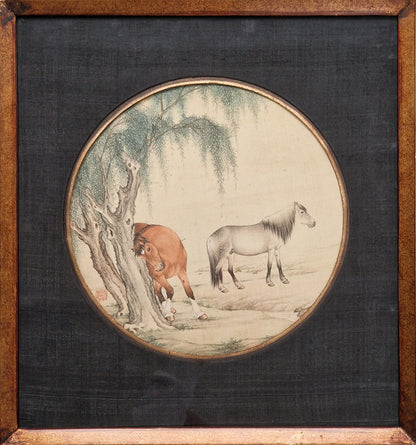 A Chinese painting of two horses beneath a willow, ink and colour on silk — 20th century