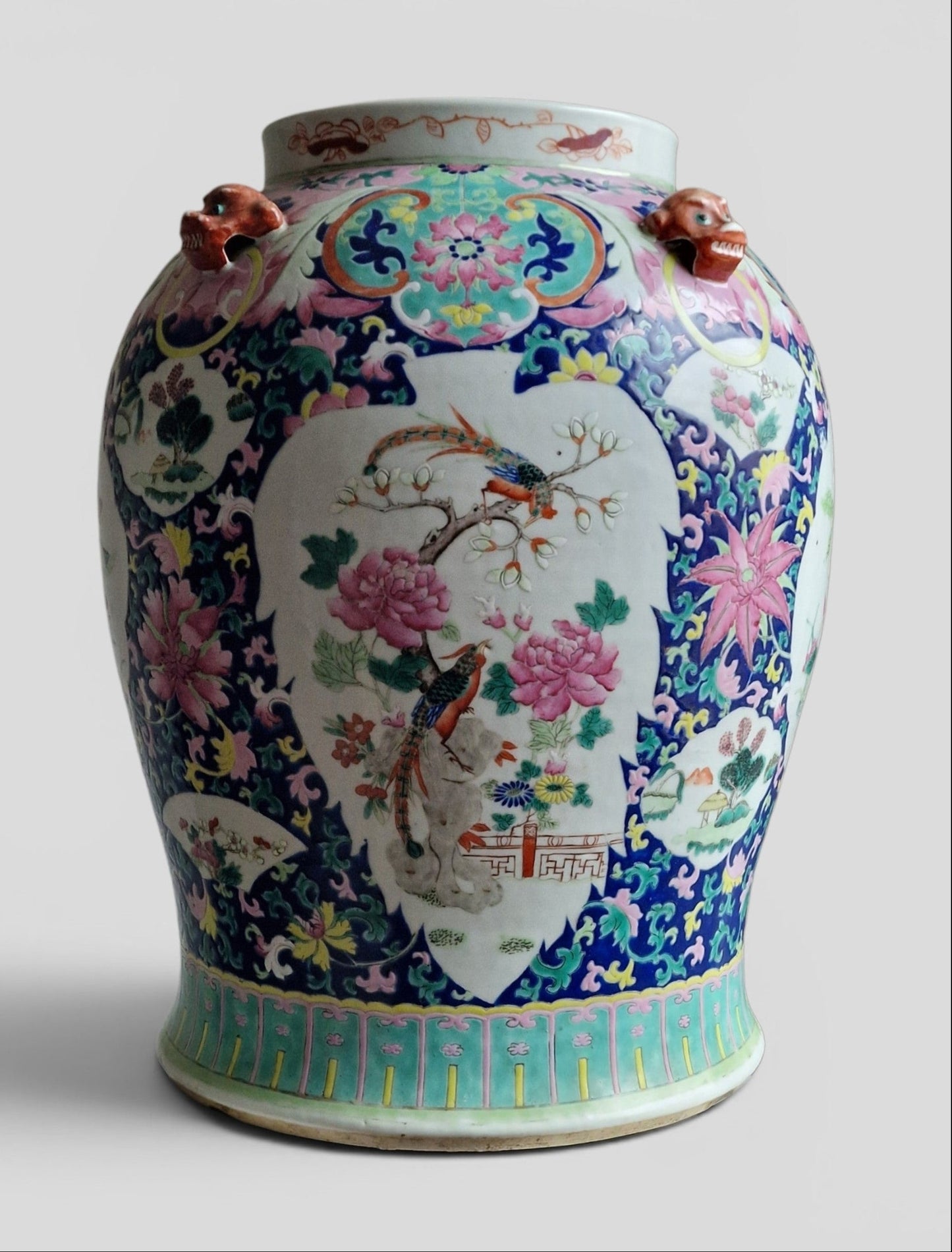 A large Chinese famille rose vase with lion-mask handles — early 19th century