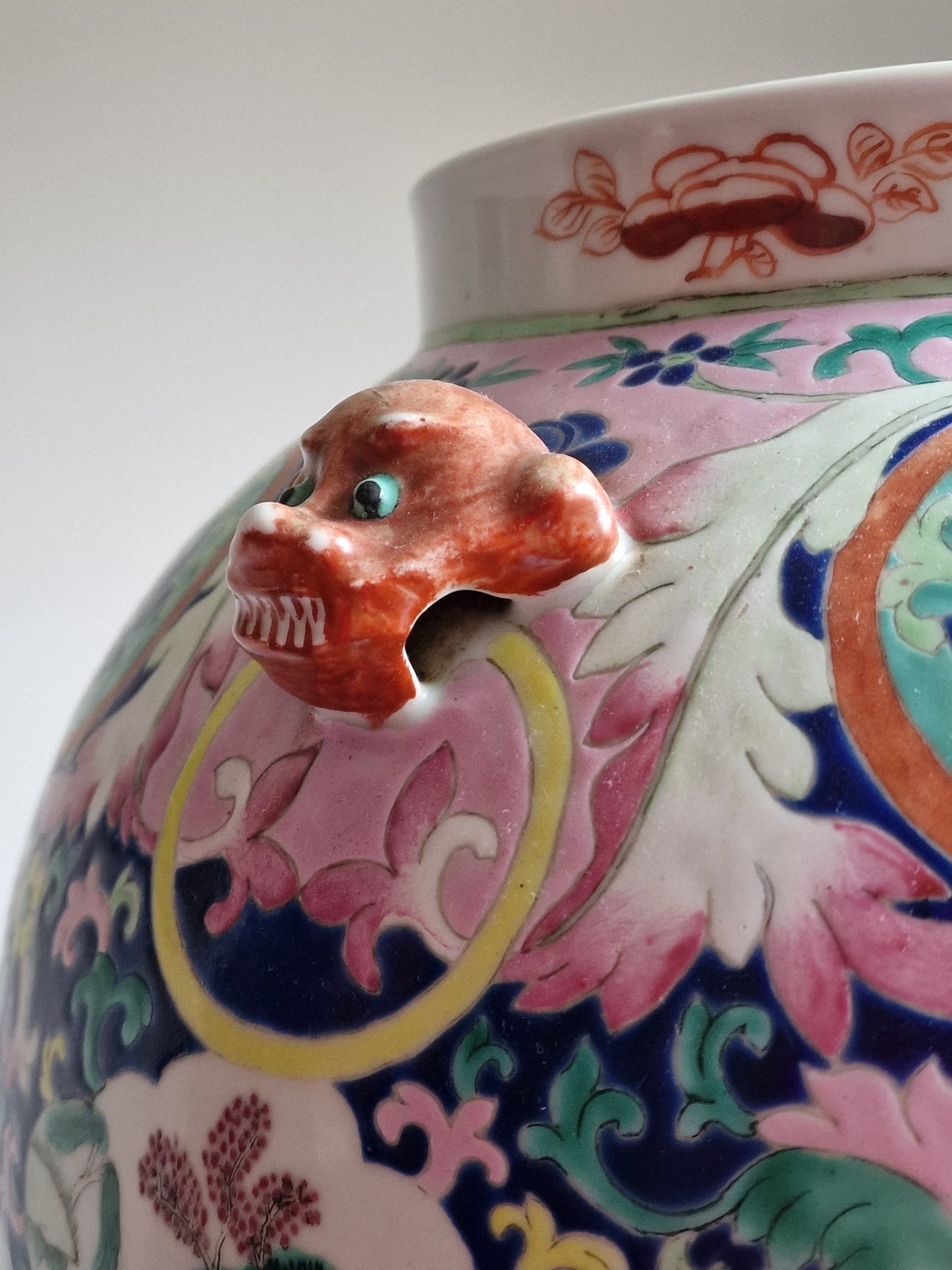 A large Chinese famille rose vase with lion-mask handles — early 19th century