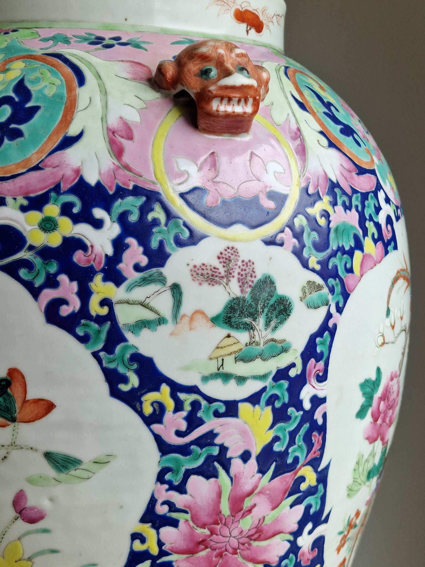 A large Chinese famille rose vase with lion-mask handles — early 19th century