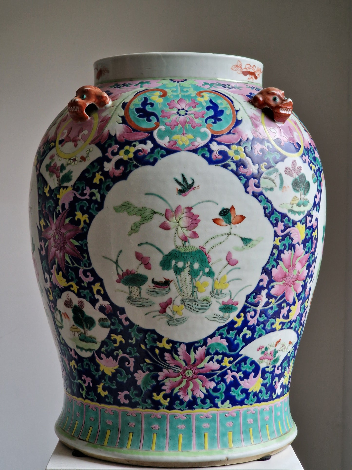 A large Chinese famille rose vase with lion-mask handles — early 19th century