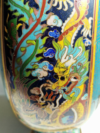 A Chinese cloisonné enamel moon flask with dragon and phoenix decoration, Qianlong mark, late 19th–early 20th century
