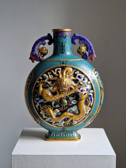 A Chinese cloisonné enamel moon flask with dragon and phoenix decoration, Qianlong mark, late 19th–early 20th century