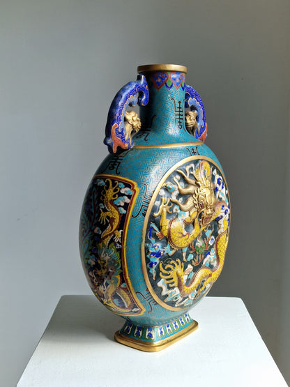 A Chinese cloisonné enamel moon flask with dragon and phoenix decoration, Qianlong mark, late 19th–early 20th century