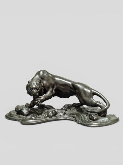 A Japanese Bronze Tiger on a Flowing Water Base, Signed — Meiji Period (1868–1912)