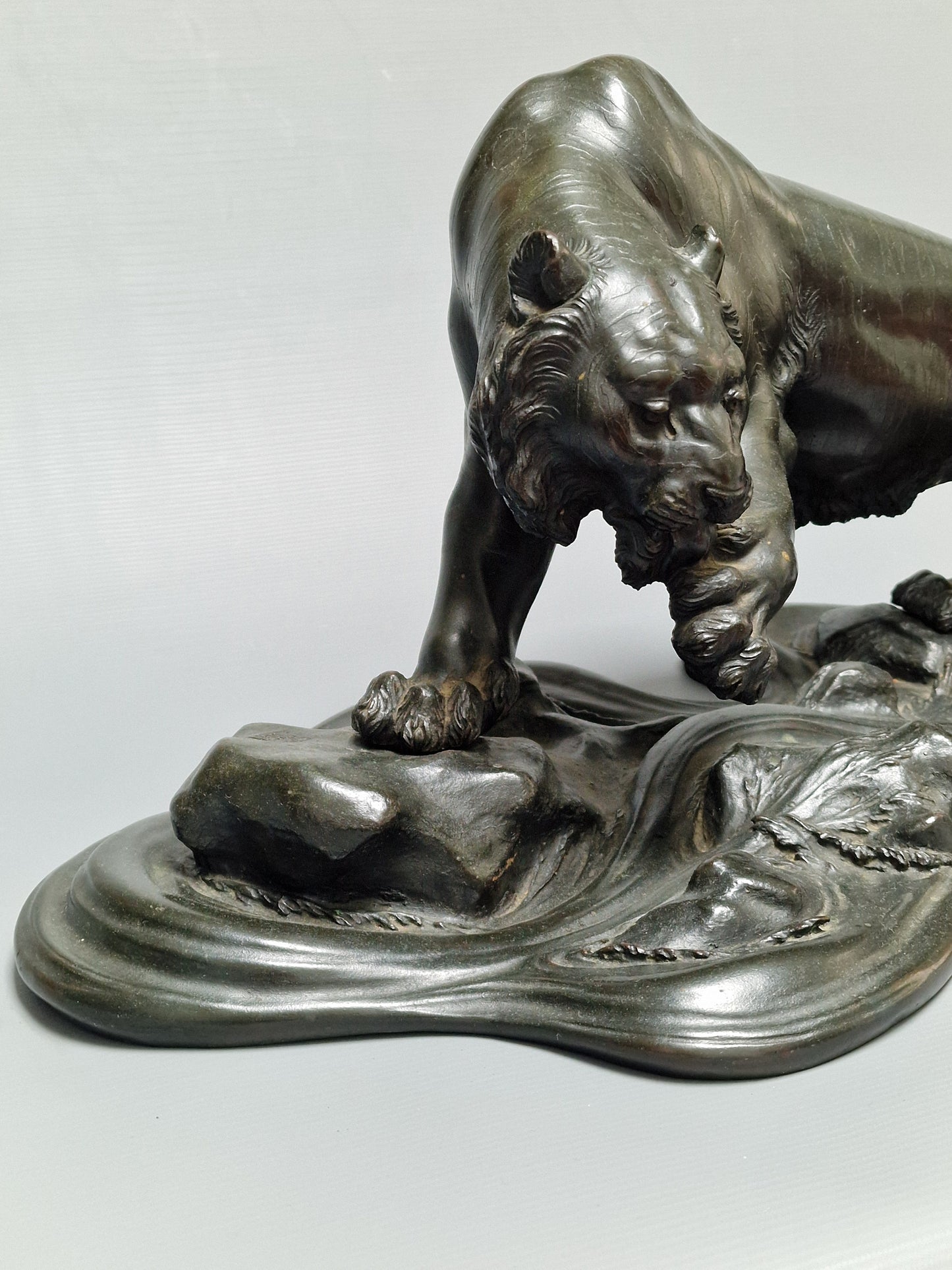A Japanese Bronze Tiger on a Flowing Water Base, Signed — Meiji Period (1868–1912)