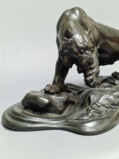 A Japanese Bronze Tiger on a Flowing Water Base, Signed — Meiji Period (1868–1912)