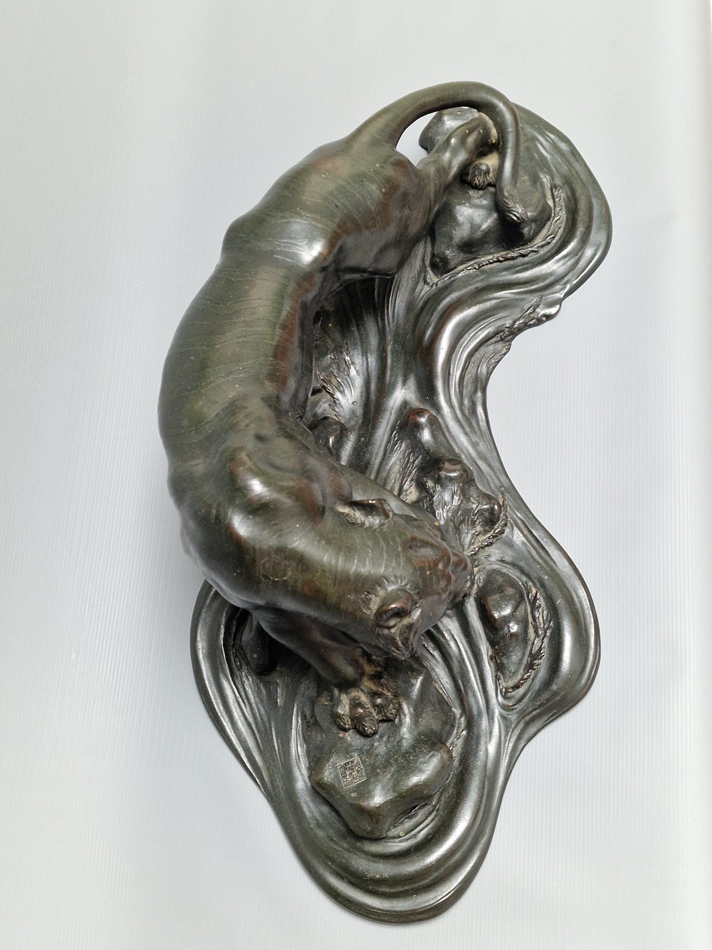 A Japanese Bronze Tiger on a Flowing Water Base, Signed — Meiji Period (1868–1912)