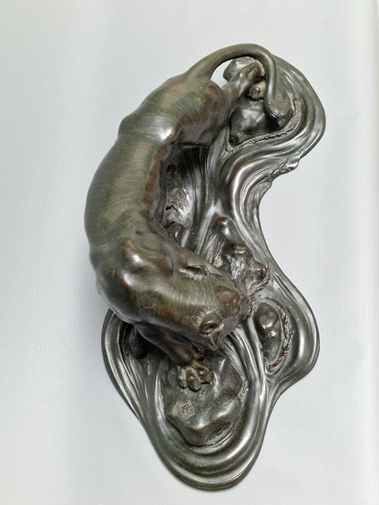 A Japanese Bronze Tiger on a Flowing Water Base, Signed — Meiji Period (1868–1912)