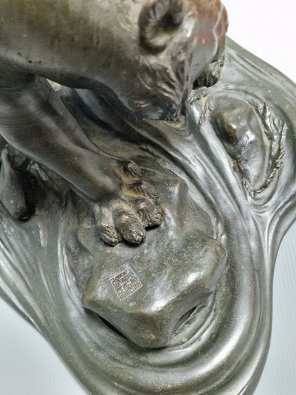 A Japanese Bronze Tiger on a Flowing Water Base, Signed — Meiji Period (1868–1912)