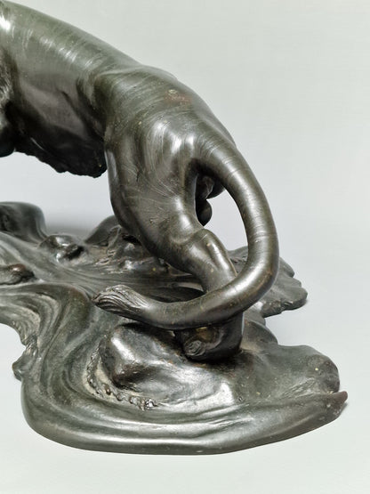 A Japanese Bronze Tiger on a Flowing Water Base, Signed — Meiji Period (1868–1912)