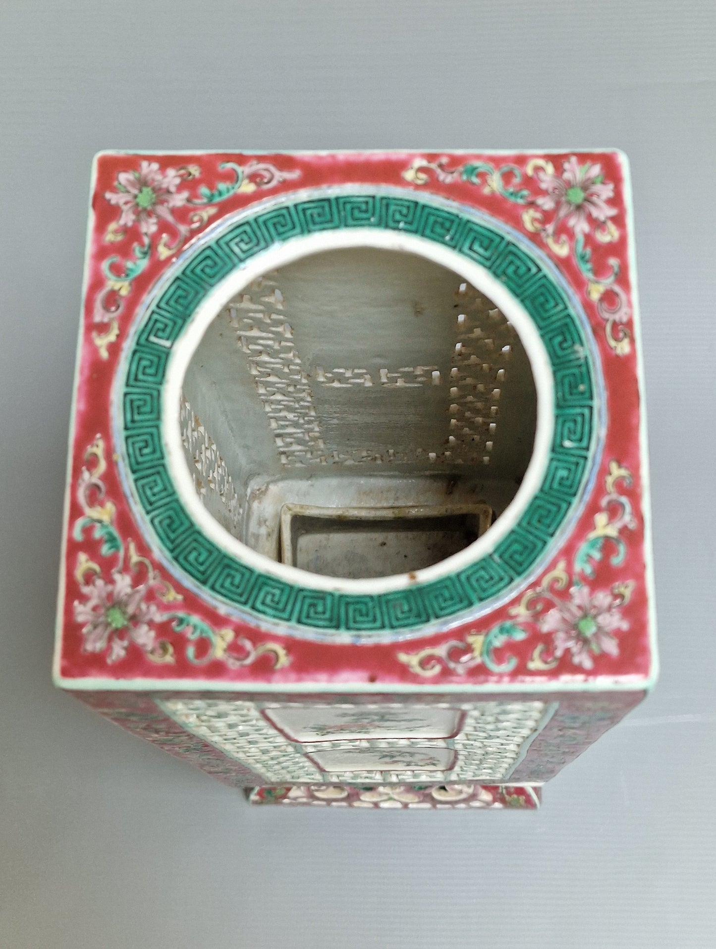 A Chinese famille rose reticulated square lantern with a stand — 19th century