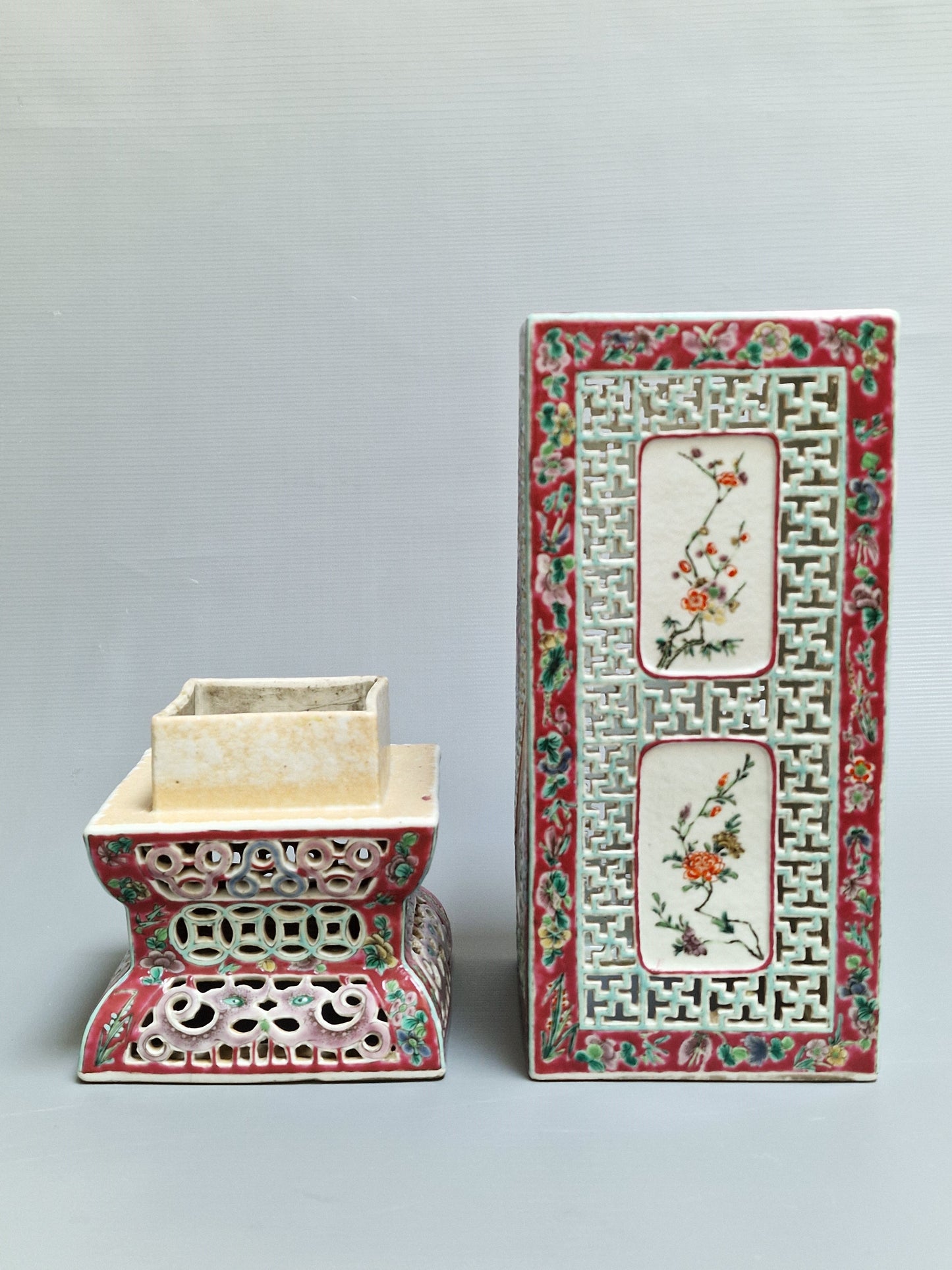 A Chinese famille rose reticulated square lantern with a stand — 19th century