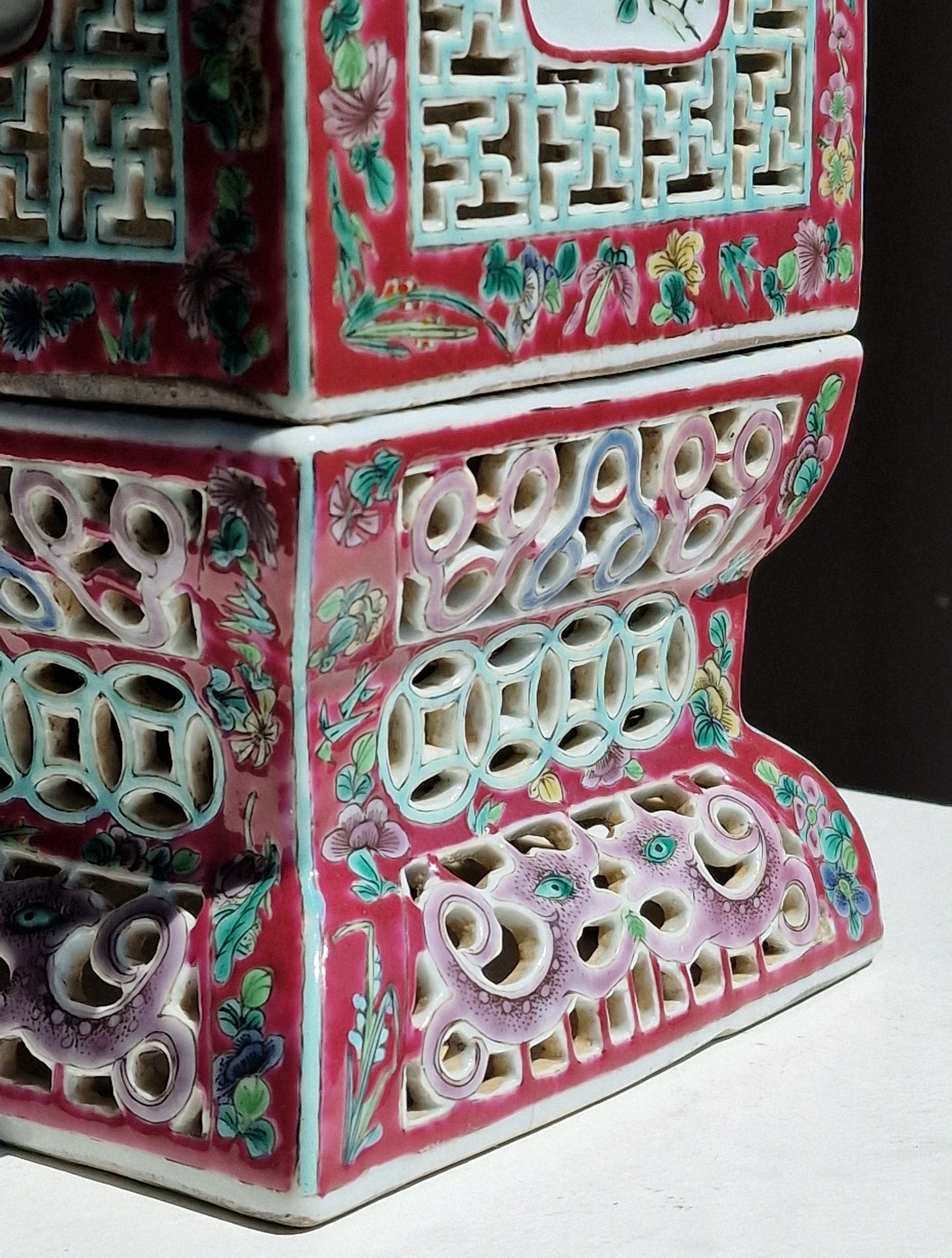 A Chinese famille rose reticulated square lantern with a stand — 19th century