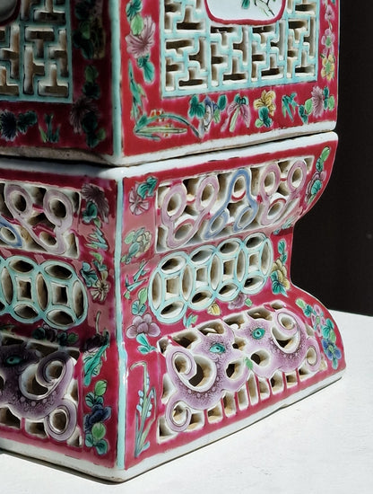 A Chinese famille rose reticulated square lantern with a stand — 19th century