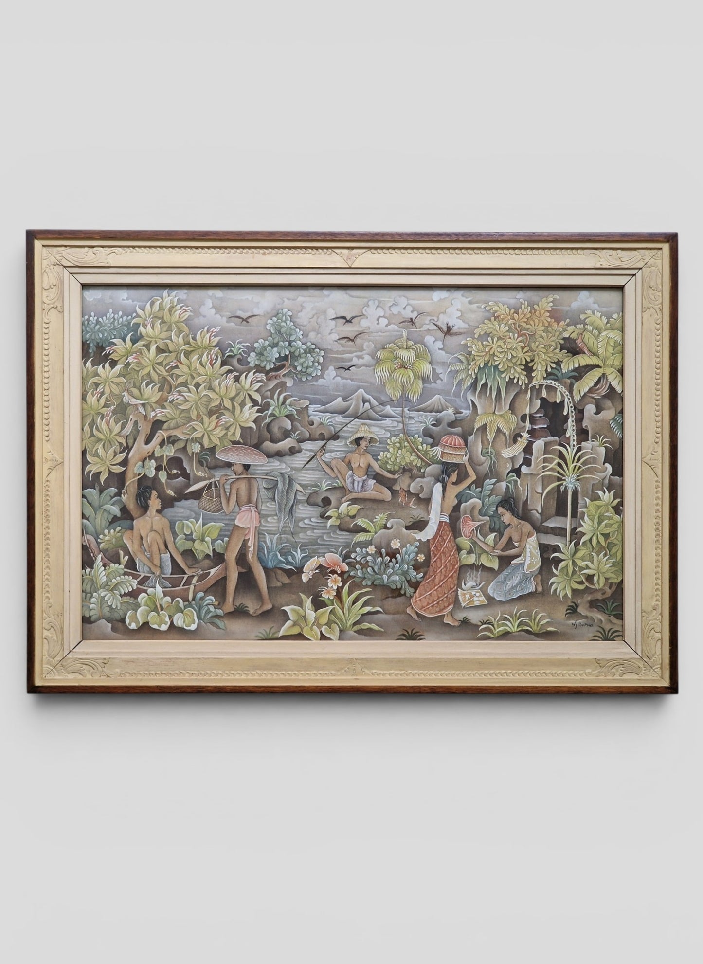 A Balinese riverside village life scene attributed to Wayan Barwa (1933–2004), Peliatan, Bali