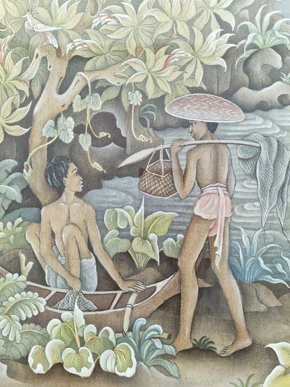 A Balinese riverside village life scene attributed to Wayan Barwa (1933–2004), Peliatan, Bali